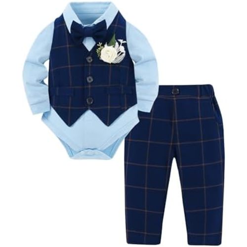 YUEMION Baby Boy Clothes Suit Infant Gentleman Wedding Outfit Formal Dress Shirt+Vest+Tie+Corsage+Pants 5Pcs Tuxedo Set 0-18M