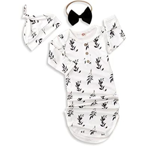 Kislio Newborn Baby Girls Boy Knotted Gown Floral Nightgown Sleeper Gown Swaddle Headband Hat Coming Home Outfit Set