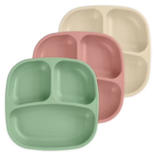 Re-Play Toddler Plates with Dividers - Deep-Walled 3 Compartments Divided Plates for Kids - Dishwasher & Microwave Safe - Made in USA - Set of 3 - Desert Sands