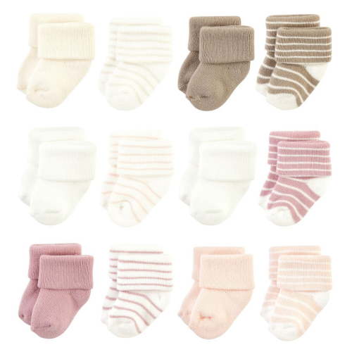 Hudson Baby Infant Girl Cotton Rich Newborn and Terry Socks, Blush Stripe, 6-12 Months