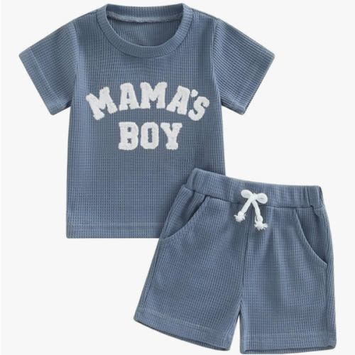 Kupretty Toddler Baby Boy Summer Clothes Embroiderey Waffle Knit Short Sleeve T-Shirt Tees + Casual Shorts Cute Clothing Set