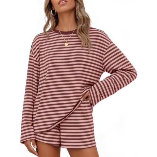 ZESICA Womens 2 Piece Striped Short Sets Fall Lounge Outfit