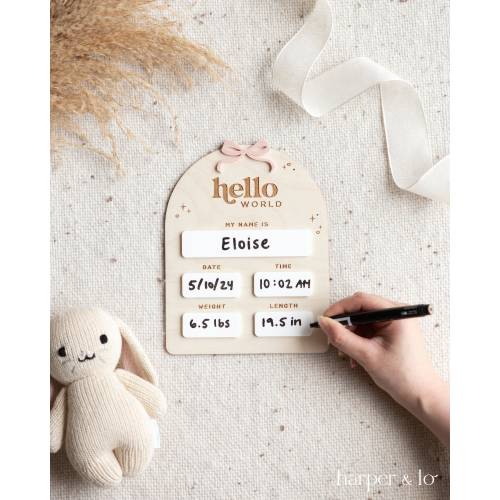 Wooden Ribbon Bow Baby Birth Announcement Sign | Milestone Card, Baby Shower Gift, Hello World Sign, Nursery Decor, Birth Announcement Board