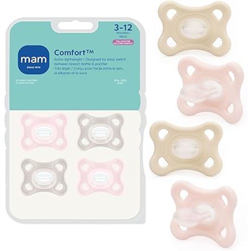 MAM Comfort Baby Pacifiers 3-12 Months Babies, Lightweight One-Piece Full Silicone Binky, BPA-Free Nipple, Easy to Clean Pacifier, Best for Breastfed Babies, 4 Count, Made in Europe