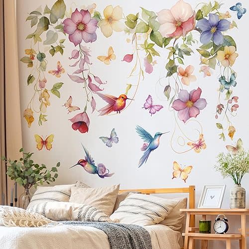 2 Sheets Hanging Removable DIY Colorful Flower and Vines Wall Decal Watercolor Butterflies and Birds Wall Art for Girls Bedroom Living Room Bathroom Decor