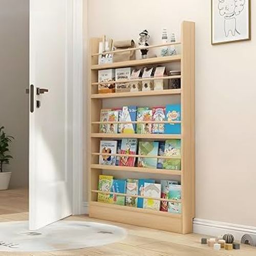 Behind The Door Bookshelf, Wooden Behind Door Bookshelf 5-Tier, Space-Saving Kids Bookcase Book Shelf Organizer Storage for Toys and Books