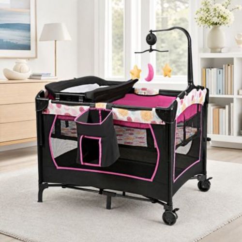3-in-1 Pack and Play Playard with Bassinet Changing Table and Locking Wheels, Baby Playpen, Pink