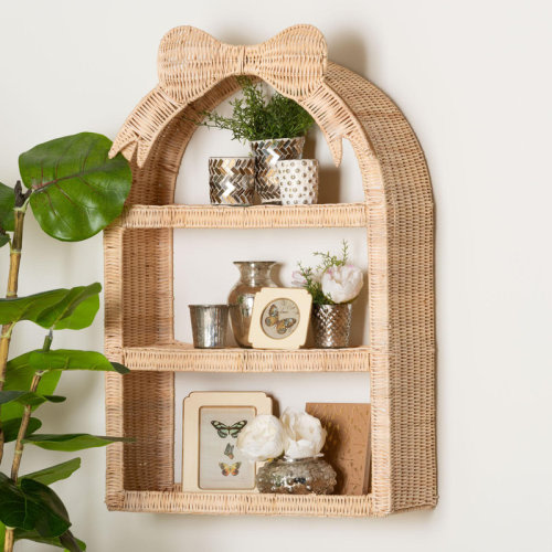 Dakota Fields Bali & Pari Creusa Natural Rattan Wall Shelf - 3-Tier Decorative Storage Rack With Arched Frame And Woven Bow Accent, Boho Coastal Display Shelf | Wayfair