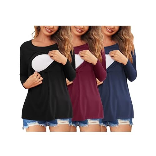 Ekouaer Women 3 Packs Nursing Shirts Long Sleeve Breastfeeding Tops Round Neck Postpartum Clothes Double Layer Maternity Tee
