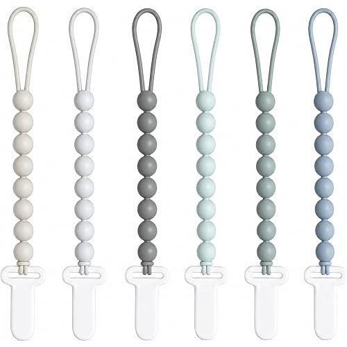 6 Pack Neutral Silicone Pacifier Clips for Boys and Girls, One Piece Beads Pacifier Clip Set with Durable Plastic Clip, Neutral Baby Pacifier Holder Set