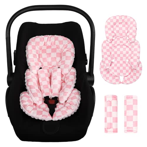 Infant Car Seat Insert Cushion, Baby Car Seat Head Body Support for Girls & Boys, Reversible Newborn Car Seat Insert with 2 Extra Strap Paddings, Premature Car Seat Cushion, Pink Checkerboard