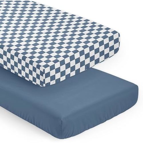 Sweet Jojo Designs 2-Piece Baby Crib Sheets Set (Blue Gingham Checkered Plaid) for Boys, Infant Nursery, Toddler Room - Fitted, Standard Size (Solid Color Steel & Vintage, Classic Checkerboard, Retro)