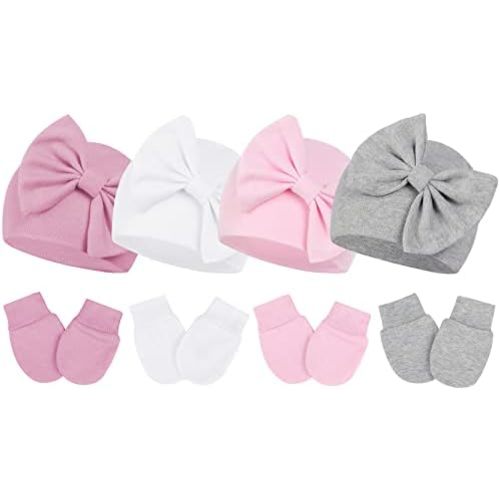 Mittens and Caps for Newborn Baby Girls Set Hospital Hat Beanie Infant Hats with Bow for 0-6 Months