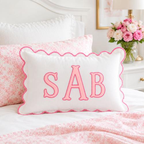 Personalized Scalloped Edge Lumbar Pillow Cover, Personalized Embroidered Throw Pillow, Bedroom Decor Pillow Cover, Monogram Pillow Cover