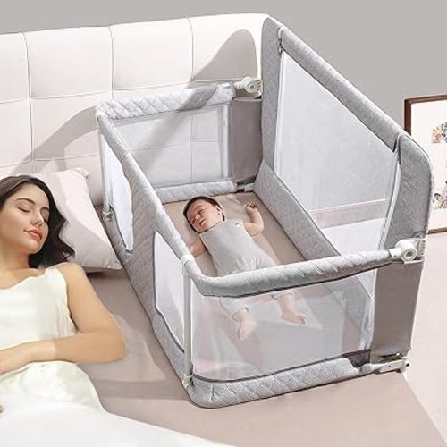 3-in-1 Baby Bedside Sleeper & Portable Crib with Breathable Mesh Window, Soft Washable Liner & Sturdy Aluminum Frame, Side Crib Bassinet for Infants, Adjustable Cot Side Sleeper for Baby Boys & Girls