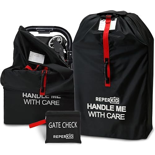 reperkid Medium Stroller Bag for Airplane Travel, Black & Red, 42" H x26 W x13 D, Fits Most Single Strollers Incl. Jogging & Standard Models – Premium Waterproof Cover, Adjustable Shoulder Straps