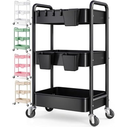3 Tier Rolling Cart Metal with Wheels,Black Three Tiered Art Cart Organizer