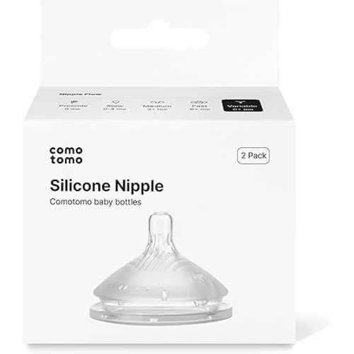 Comotomo Silicone Replacement Nipples for Baby Bottle Gen 2 (2026 Release) - Soft, Silicone Nipples with Dual Anti-Colic Vents Designed for Natural Latch (Pack of 2), Fast Flow (6+ Months)
