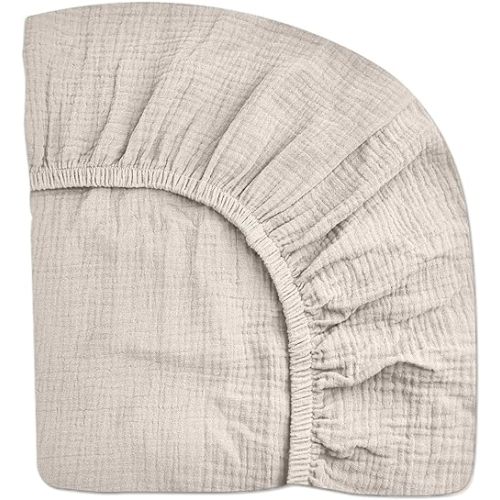 Mini Crib Sheets for Baby, Fitted Pack N Play Mattress and Mini Cribs 24" x 38", Neutral Muslin Cotton Mini Crib Mattress Sheet with Boho Style, Soft and Breathable Comfort (Beige)