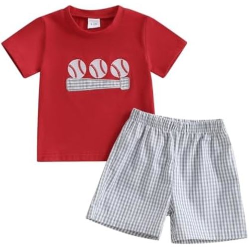 Toddler Baby Boys Baseball Outfits Embroidery Short Sleeve T Shirts and Plaid Shorts Set 2Pcs Summer Clothes Sets
