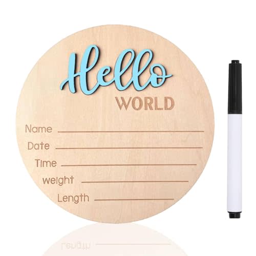 Baby Announcement Sign, 5.9 Inch Wooden Hello World Newborn Signs, Birth Announcement Sign, Baby Shower Hospital Nursery for Newborn Boys and Girls (Sky Blue,Pen)