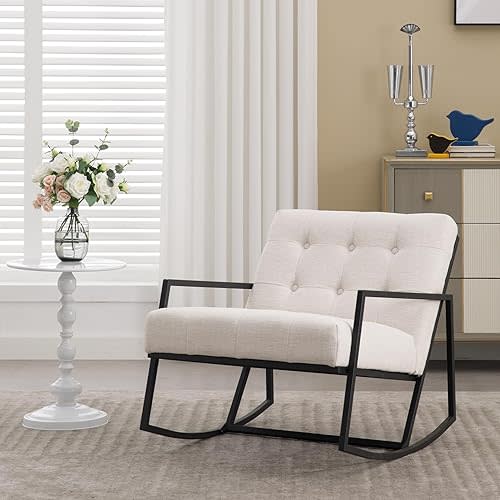 Rocking Recliner Chair for Adults, Linen Upholstered Glider Rocker with Black Metal Base Wide Comfy Reading Chair Modern Nursery Accent Sofa Chair for Living Room Bedroom Indoor, Beige