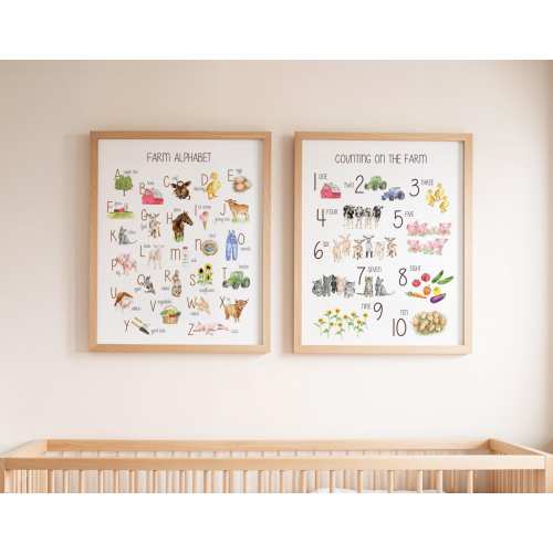 Farm Animal Nursery Decor, Educational Farm Prints, Barnyard Nursery, Farm Learning, ABC, 123, Baby Shower Gift, Alphabet and Numbers