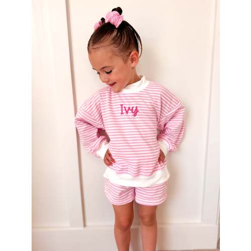 Pink Striped Mock Neck Shorts Set - Optional Custom Embroidery | Little Joy Co.