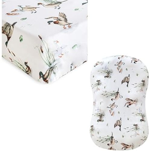 LifeTree Muslin Crib Sheets 28 in x 52in and Baby Lounger Cover 30.7in x 20in, Soft 70% Viscose from Bamboo and 30% Cotton, Mallard Duck & Olive Green