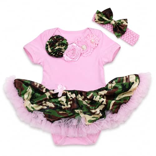 Petitebella Neck Rosettes Bodysuit Camouflage Baby Dress Nb-18m