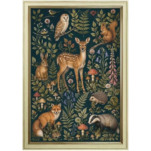 Framed Forest Animals Canvas Print, Cute Woodland Creatures Poster, Vintage Botanical Wall Art, Elegant Painting Prints for Living Room Home Decor, Whimsical Wall Decor Pictures (White Framed,12L"x16W")