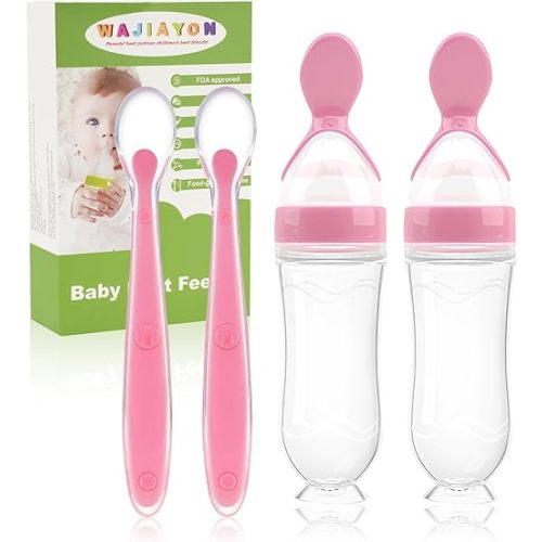 WAJIAYON Baby Food Feeder 4 Pack Silicone Baby Food Dispensing Spoon-3 oz Squeeze Feeding Spoons with Suction Cup for Boys Girl Kids Toddlers - Self Feeding Bottle Spoon-Pink