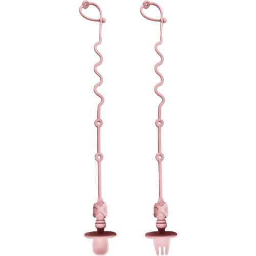 4PK Baby Spoon and Fork with Holder Straps for Kids Aged 6+ Months Self Feeding, No Throw Toddler Travel Essential Leash for High Chair or Bib or Wrist, Silicone Baby Led Weaning Supplies (Muted)