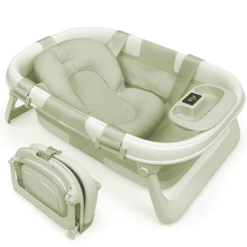 Jool Baby Fold ‘n Store Baby Bathtub with Built-In Thermometer, 3-Stage Collapsible Baby Bath Tub, Sage