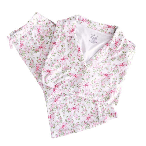 Two Piece Flare Pant Lounge Set in Bows in Bloom Pink | Caden Lane