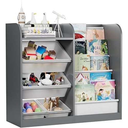 Grey Kids Wood Bookshelf Toy Storage Box Organizer Shelf W/4 Removable Plastic Toy Bins Children Bookcase Toddler Baby Sling Book Rack Cabinet Chest Girl Boy Gift Playroom Classroom Bedroom Nursery