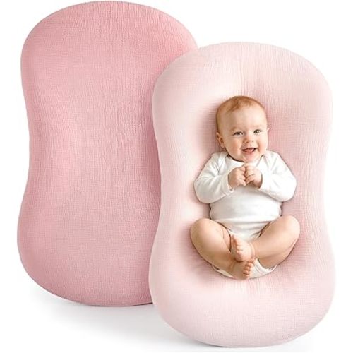 Termichy Baby Lounger Covers Muslin: Soft and Breathable Slipcover for Snuggle Me Lounger - Machine Washable & Zipper-Free for Safe Daily Use - Pink & Blush for Girls