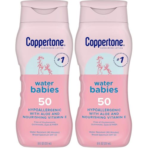 Coppertone WaterBabies Baby Sunscreen Lotion SPF 50, Hypoallergenic Sunscreen for Babies, Water Resistant, Pediatrician Recommended, 8 Fl Oz Bottle