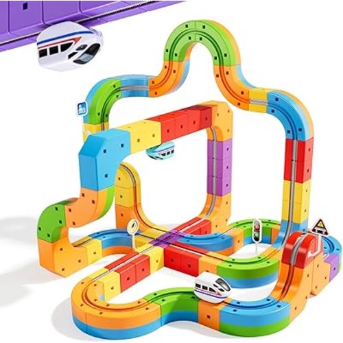KlickRail Electric Train Set Flexible Race Track for Kids 4 6 7 8, 88 Pcs Car Track for Toddlers 3-5, Building Toy Train Track Gravity-Defying 3D Embedded Layouts & Motorized Car, STEM Learning Gift