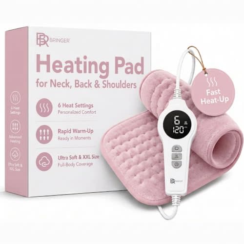 BR Bringer® Heating Pad for Back, Shoulders and Neck, Pink, 23.6 x 11.8 in | 6 heat settings with auto-off and overheat protection - LED display and soft machine-washable fabric for cozy daily warmth