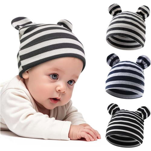 3 Pcs Cotton Newborn Hats for Unisex, Bear Ears Baby Girl Boy Beanie Hat for Newborn, Infant, Toddler Cap