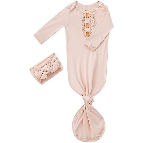 Newborn Baby Girls Knotted Gown Headbands Set Soft Viscose from Bamboo Infant Sleeper Baby Sleep Gown with Mittens