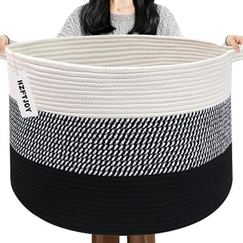 65L Large Blanket Basket,Woven Rope Laundry Basket Hamper with Handles,Decorative Nursery Basket Storage Bin for Toys, Pillows, Clothes Organizer, Living Room, Bedroom, Bathroom, Black