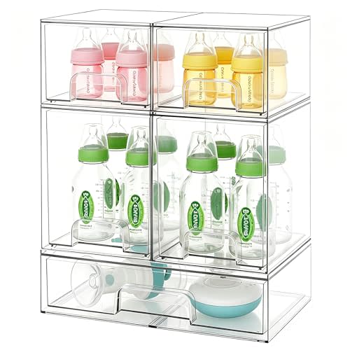 Baby Bottle Organizer Stackable, Acrylic Storage Drawers 5 pack with Non-Slip Pads, Pull-Out Drawers for Baby Bottle, Pump Parts, Pantry, Vanity Countertop (4.4" and 7.6" Tall and 12.1" Wide)