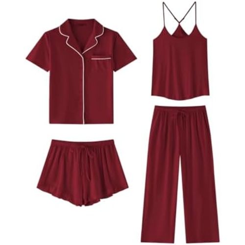 SAPJON Women Soft Pajama Sets 4 Piece, Cute Pjs, Ruffle Shorts, Cami Top