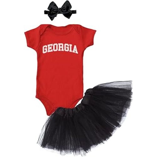 Haase Unlimited Georgia - State Proud Strong Pride Sports Baby Bodysuit + Tutu Skirt + Bow Headband Set