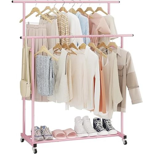 Calmootey Double Rod Clothing Garment Rack,Rolling Hanging Clothes Rack,Portable Clothes Organizer for Bedroom,Living Room,Clothing Store,Pink