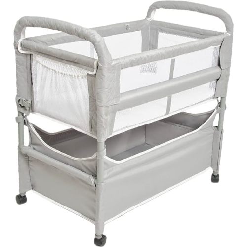 Arm’s Reach Clear-Vue Co-Sleeper Bedside Bassinet Featuring Clear Mesh Panels with Fold-Down Side, Large Attached Storage Basket, 4 Wheels, and Height-Adjustable Legs, Gray