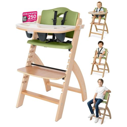 Abiie Beyond Junior Convertible Wooden High Chair with Removable Tray - Natural Olive | 3-in-1 Adjustable Highchair for Babies & Toddlers, Fits 6 Mos to 250 lbs, Water-Resistant, Natural Wood w/ Olive Cushion