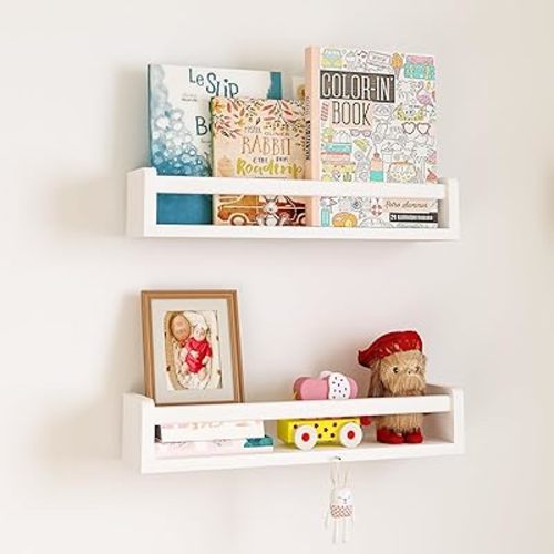 Heimlove Nursery Shelves, Natural Solid Wood Wall Floating Shelves - Wall Book Shelves for Kids Room, Bedroom, Kitchen, Bathroom Decor (White, 16inch - 2P)